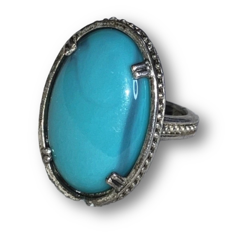 Vintage Faux Turquoise & Silver-Tone Ring • 4-Prong Setting • Stamped NRT